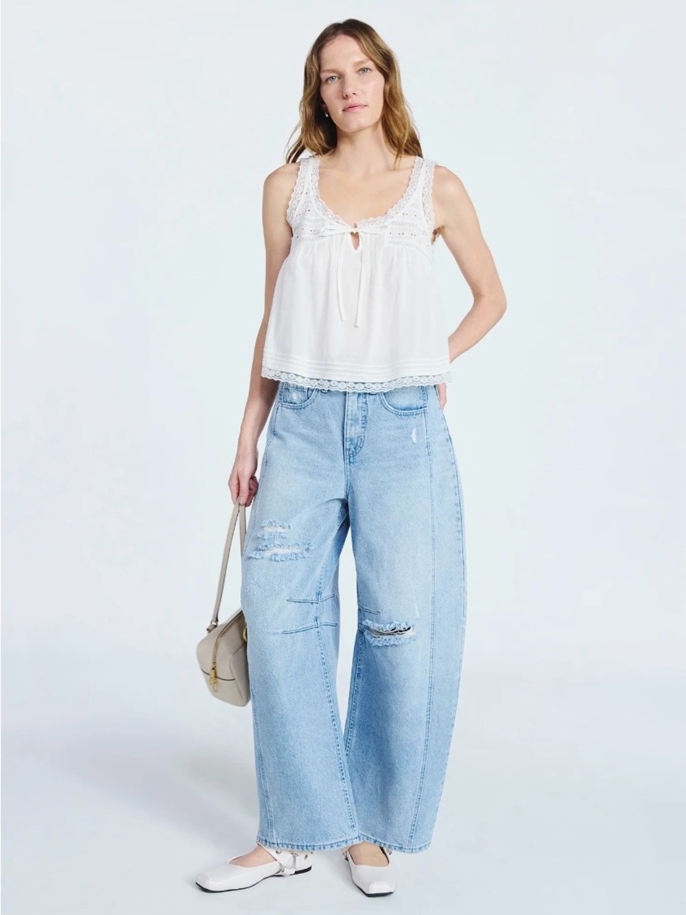 Scoop Lace-Trim White Camisole Tank Top with Front Tie. Delicate & flowy. XXL. - Picture 2 of 7